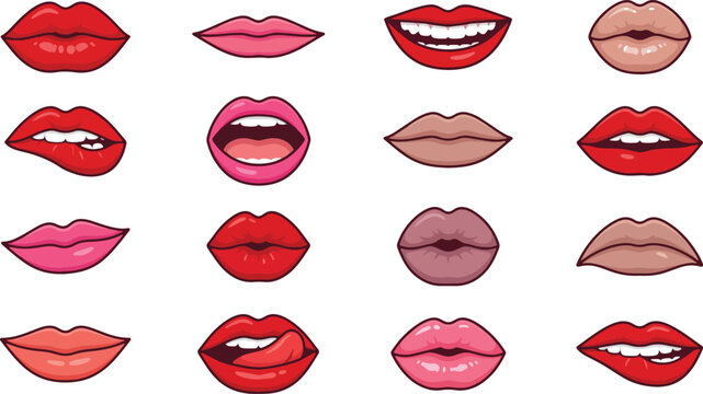 Red and Pink Lip Expressions Vector Set Glossy Mouth Illustrations