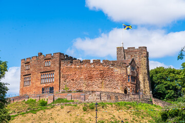 View looking up to Tamworth castle situated on a hill with the Mercia flag flying from the top © Richard O'Donoghue
