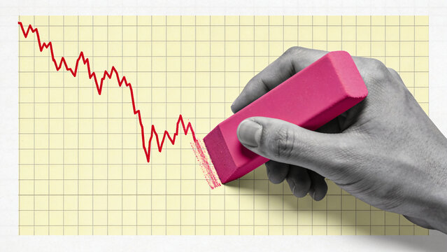 Hand Erasing Declining Red Line Graph on Grid Paper Background