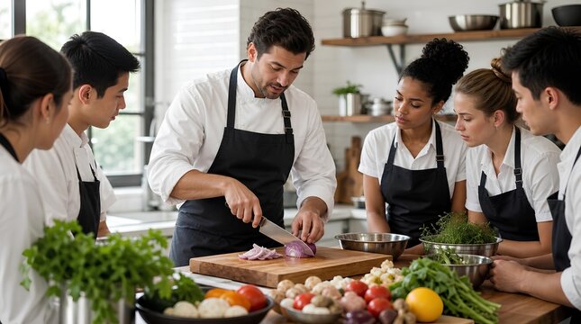 A chef demonstrates knife skills by slicing red onion for attentive culinary students in a bright kitchen, suited for cooking school or hospitality training promotions.