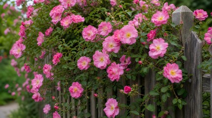 Fototapeta premium Pink climbing roses bloom over a weathered wooden picket fence in a lush garden, perfect for gardening, floral, home exterior, or spring decor promotions.