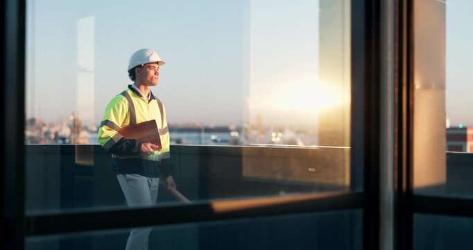 Architect, thinking and man outdoor for urban development planning, vision or future at worksite. Engineer, blueprint and glass window on building balcony for construction, remodeling or expansion