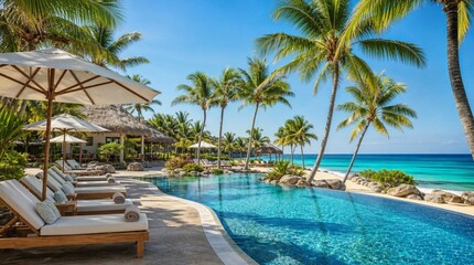 Fototapeta premium A tropical beachfront resort pool with palm trees, loungers, umbrellas, and turquoise ocean views, perfect for luxury vacation, travel, and hospitality marketing.