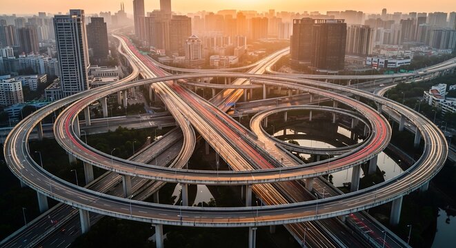 Aerial View of a Complex Highway Interchange at Sunset.