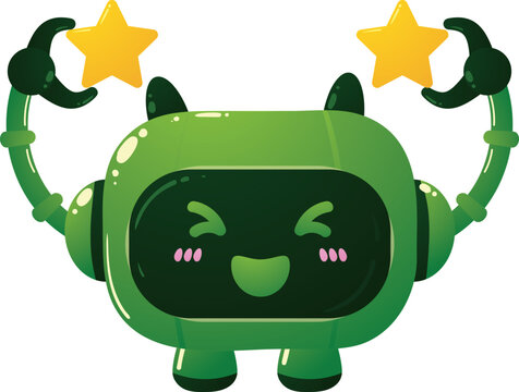 Green robot with star-tipped arms smiles brightly