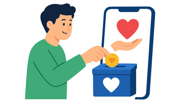 Generous person donating a gold coin through a digital charity payment interface, clean flat vector illustration representing online giving, philanthropy, generosity, and social support