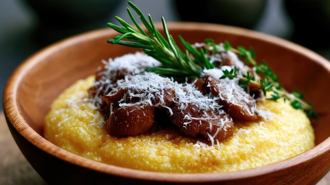 Hearty Polenta Dish Topped with Savory Meat and Fresh Herbs.
