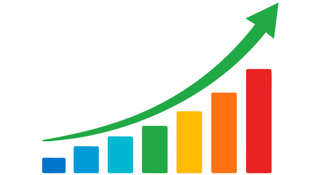 Colorful financial bar chart with a sweeping upward arrow and rising trajectory, clean flat vector illustration symbolizing investment growth, market success, economic progress, and profit