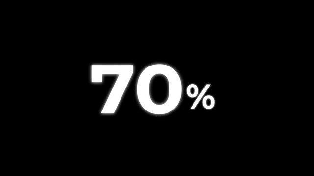 Abstract 70 percent animation. Motion graphics of number count concept symbol on White Background.Minimalist White Text on Black Background for Retail Promotion and Marketing.