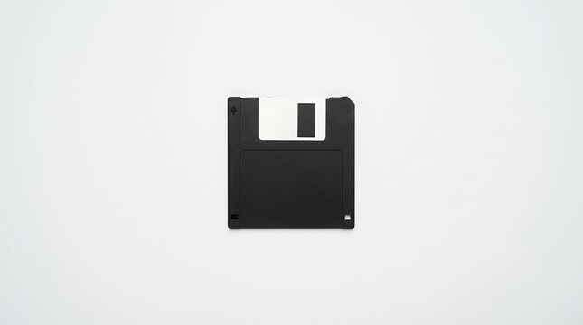 A high-angle top-down perspective of a solitary vintage black floppy disk a relic of late 20th-century data storage technology perfectly isolated on a pure background with a full clipping path for