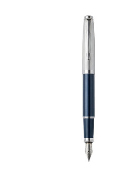 Blue fountain pen with silver cap on white background