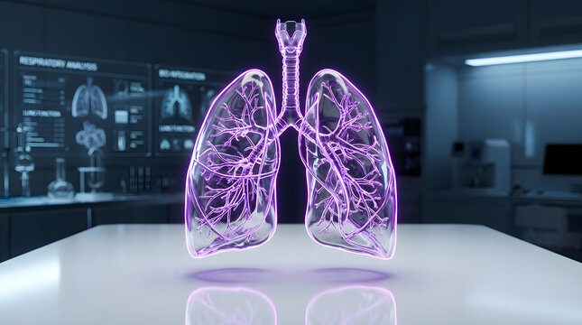 Glowing lungs floating above white table in lab