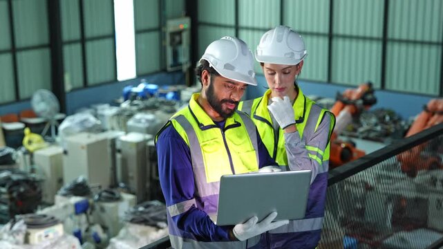 Engineers collaborating on a laptop in a modern industrial environment with robotics and machinery in background