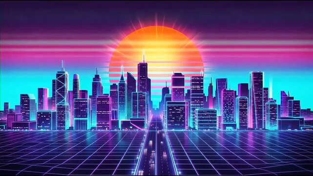 Synthwave city skyline with neon sun and grid floor.
