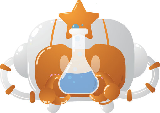 Cartoon flask holds blue liquid, crowned by a star