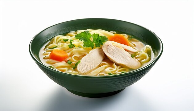 a close up of chicken noodle soup with tender noodles and vegetables full length isolate on white background
