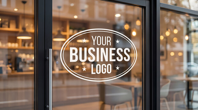 Business logo mockup. Glass storefront branding. Retail shop window display. Modern brand identity illustration