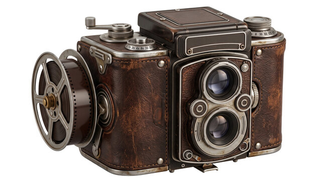 Vintage twin lens reflex camera with leather body, antique film movie projector hybrid, retro photography equipment on white background