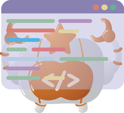Cute cartoon robot with coding symbols and stars