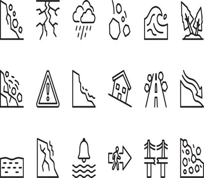 Natural disaster and emergency hazard line icons with disaster emergency landslide lightning earthquake accident environment catastrophe collapse evacuation security protection incident