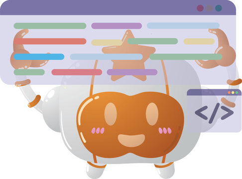 Cute cartoon character holds coding screen
