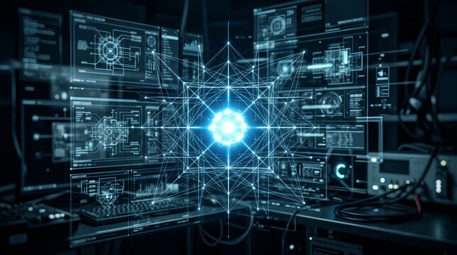 A luminous blue-white particle glows at the center of a geometric lattice, surrounded by monitors displaying data schematics and digital interfaces in a dark high-tech control room environment.
