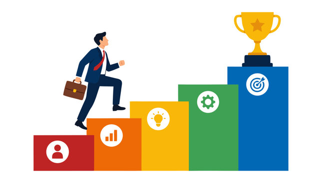 Determined businessman ascending colorful achievement steps toward a golden trophy, representing career advancement, measurable progress, competitive success, motivation, performance, ambition, and