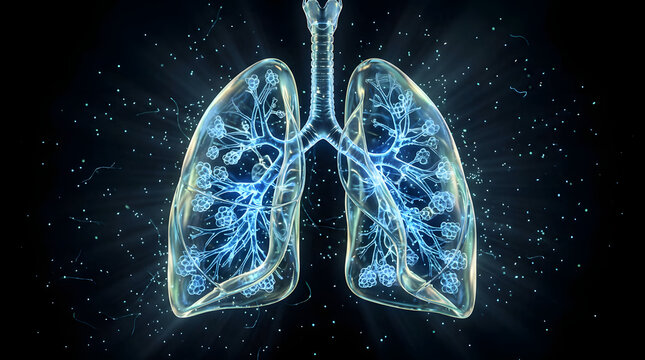 Glowing lungs with golden particle effects digital art.