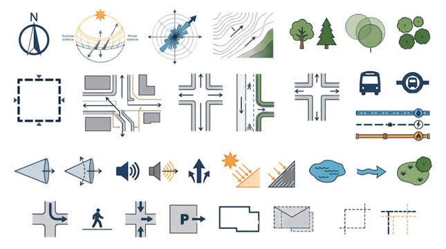 Architecture Site Analysis Symbols Vector Collection, Architectural Planning Diagram Icon Set