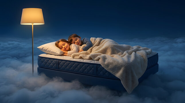 Cute brother and sister sleeping peacefully in a comfortable bed floating above soft fluffy clouds at night under warm lamp light, dream and sleep quality concept