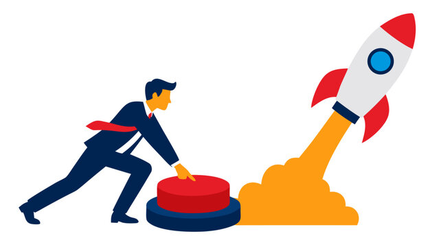 Businessman pressing a large red launch button beside a rising rocket, symbolizing startup acceleration, innovation, bold decisions, business growth, entrepreneurship, ambition, and future success