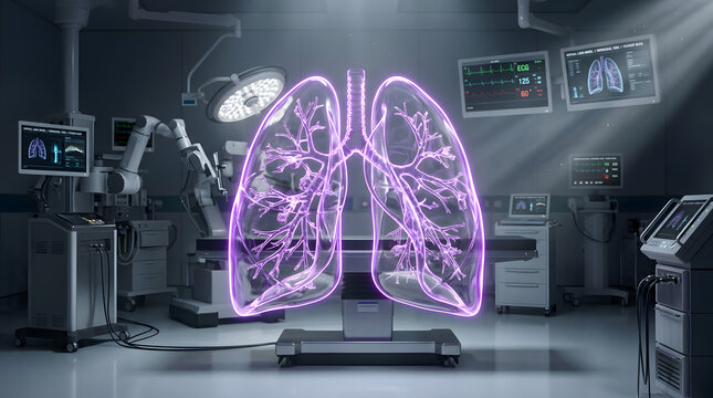 Glowing neon lung anatomy in high-tech medical clinic