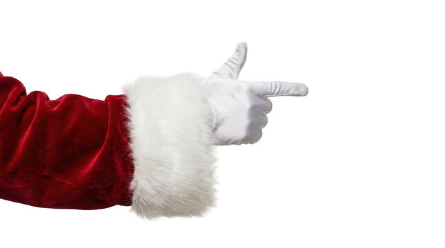 Santa hand in white glove pointing right isolated on transparent