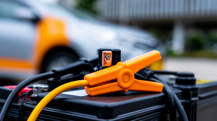 Fototapeta premium Jumper cables connected to a dead car battery for a jump start, emergency automotive maintenance concept, jumper cables, car battery, jump start, emergency maintenance, automotive