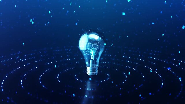 Glowing idea bulb 19 visual blue dotted rings, floating square particles, clean creative digital mood. business concepts, learning videos, innovation promos, startup titles, motion graphics.