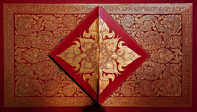 red book with thai gold patterns on cover showing elegant traditional design and intricate details in warm tones