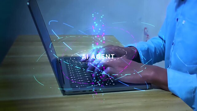 Hand typing on laptop keyboard beneath digital ai agent hologram representing smart automation workflow intelligence technology network system management data process and business innovation.