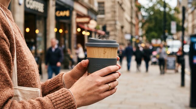 Woman holding eco-friendly reusable coffee cup on city street, sustainable lifestyle, zero waste concept and morning routine in urban environment
