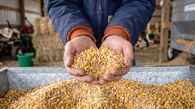 Farmer's hands hold golden corn kernels above a metal grain bin inside a farm storage barn