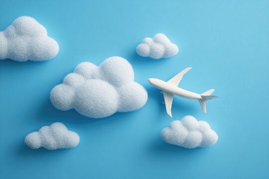 A whimsical scene with a small white airplane amidst fluffy white clouds against a clear blue sky