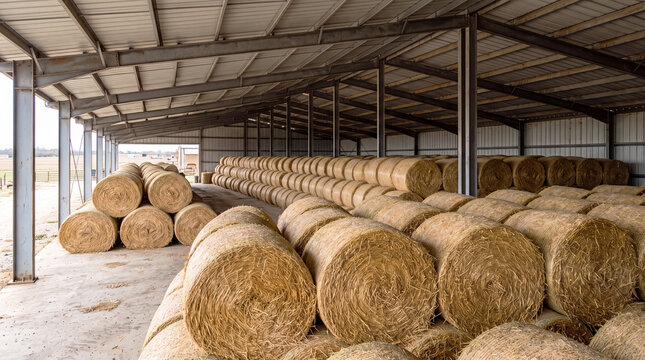Rows of golden round straw bales neatly arranged inside a spacious farm storage barn after harvest