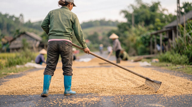 Female farmer rakes grain drying on road in rural village, with other workers and green hills behind