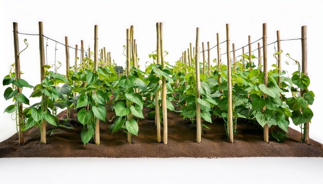 a garden filled with green bean plants climbing up poles full length isolate on white background