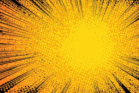 A vibrant, yellow and orange comic book style burst with radial lines and halftone dots