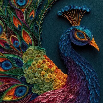 Elaborate quill art, vibrant peacock with intricate plumage, rich color palette, posed against dark background