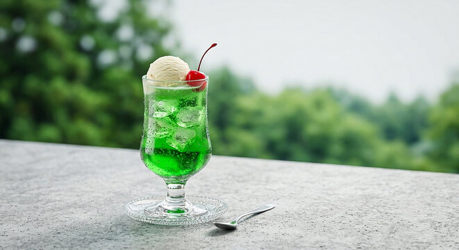 Traditional Japanese green melon soda float topped with vanilla ice cream scoop and red cherry served with ice cubes and spoon on stone counter for refreshing summer beverage refreshment