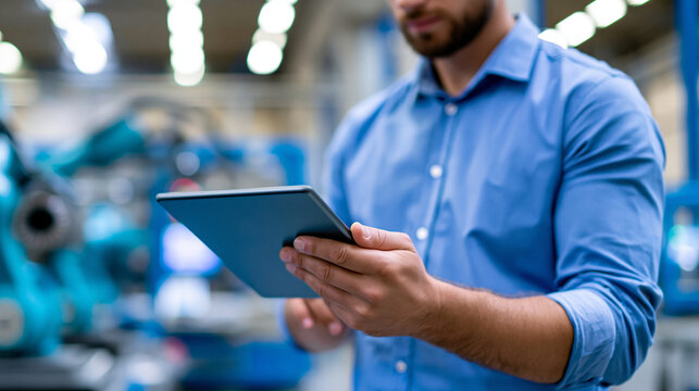 Faceless industrial worker monitoring automation machines through a digital tablet in a smart manufacturing facility, smart manufacturing, industrial automation, digital tablet
