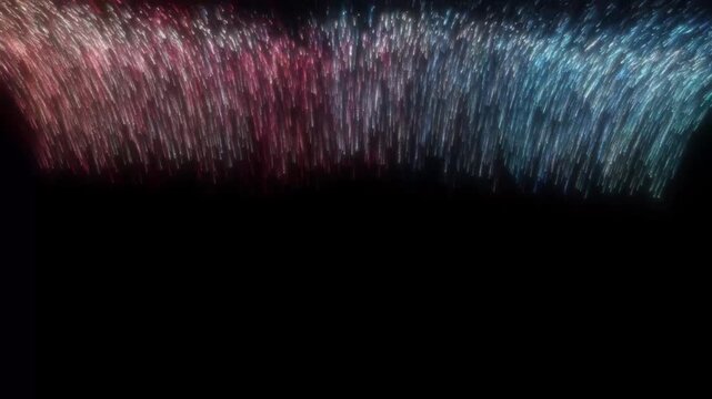 Red and blue trailing light cascades like a digital waterfall, with data streams merging and flowing downward. AI-driven analysis and real-time data fusion visualized. 3D animation.