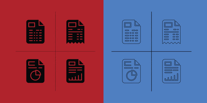 Collection of document and financial report featuring charts, graphs, and data sheets in solid and outline styles