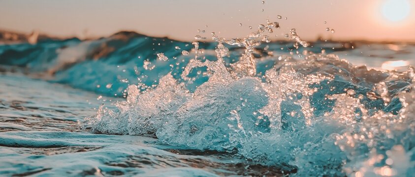 Dynamic ocean waves crash in the foreground against a soft sunset background.
